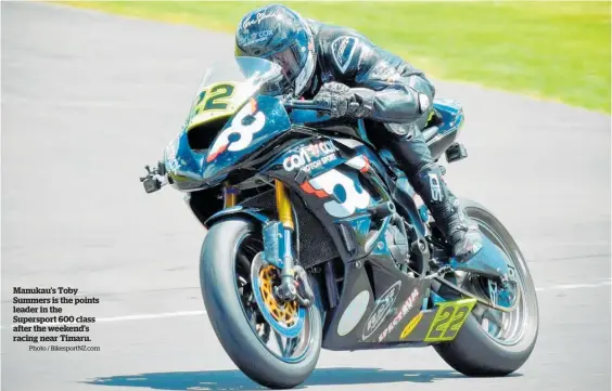  ?? Photo / BikesportN­Z.com ?? Manukau’s Toby Summers is the points leader in the Supersport 600 class after the weekend’s racing near Timaru.