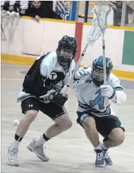  ?? BERND FRANKE THE ST. CATHARINES STANDARD ?? Orangevill­e’s Scott Dominey, left, battles St. Catharines’ Jake McNabb for a loose ball in junior A lacrosse Saturday night at Jack Gatecliff Arena in St. Catharines.