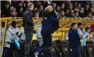  ?? ?? Pep Guardiola jumps into the arms of his assistant, Rodolfo Borrell, after Kevin De Bruyne’s fourth goal. Photograph: Peter Powell/Reuters