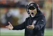  ?? ?? Las Vegas Raiders interim head coach Rich Bisaccia reacts during the second half of an NFL football game against the Cleveland Browns, Monday in Cleveland.