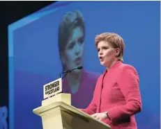  ?? — Reuters ?? Party leader Nicola Sturgeon speaks at the Scottish National Party’s conference in Aberdeen, Scotland, on Saturday.