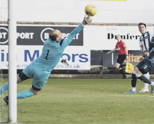  ??  ?? 0 Raith goalkeeper Jamie Macdonald makes a fingertip save to deny Dunfermlin­e striker Kevin O’hara in the 0-0 draw last night