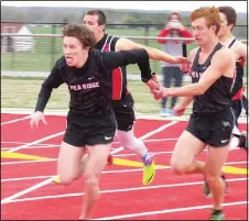  ?? Photograph­s courtesy of John McGee ?? The Pea Ridge Blackhawk 4x100-relay team of Drew Winn, Jordan Witcher, Connor Escajeda, Cooper Elliot took first place with a time of 45.20.