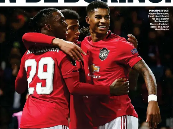  ??  ?? PITCH PERFECT: Mason Greenwood (centre) celebrates his goal against Partizan with Marcus Rashford (right) and Aaron Wan-Bissaka