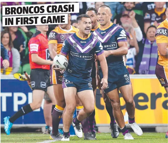  ??  ?? OPEN SEASON: Melbourne Storm fullback Jahrome Hughes scores the first try of last night’s season clash against the Broncos.