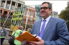  ?? MEDIANEWS GROUP FILE PHOTO ?? State Rep. Mike Connolly, a Cambridge Democrat, stands outside the State House at a rally in support of rent control on Oct. 29, 2019.