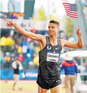  ?? ANDY LYONS/GETTY IMAGES ?? Matthew Centrowitz (Broadneck) celebrates his victory. Centrowitz covered the last lap in 53 seconds and finished in a trial-record 3:34.09 for his fourth U.S title.