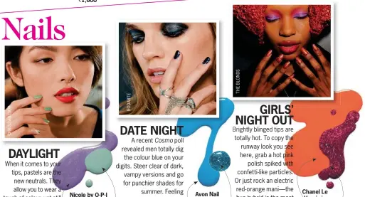  ??  ?? Nicole by O.P.I Nail Lacquer in One Big Happy Fame-ily, ` 520; M.A.C Nail Lacquer in Mischievou­s Mint, ` 720
Avon Nail Wear Pro Nail Enamel in Blue Shock, ` 149; Revlon Nail Enamel in Blue Mosaic,
` 130 Chanel Le Vernis in Orange Fizz, ` 1,450; O....