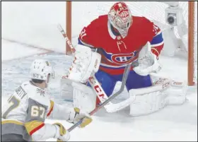  ?? Graham Hughes The Associated Press ?? Golden Knights leading scorer Max Pacioretty shoots against Canadiens goaltender Carey Price on Saturday. It was Pacioretty’s second visit to Bell Centre since he was traded by Montreal.