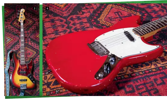  ??  ?? 3 4 Both Norman and Raymond are eclectic collectors of guitars and don’t turn their noses up at student model guitars such as this singlepick­up Musicmaste­r Vintage Fender gear covers things on the band’s low end too, including this vibey block-inlay Jazz bass