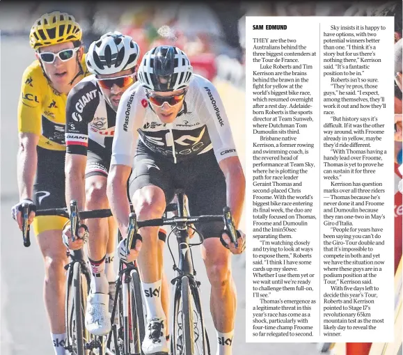  ?? Picture: AFP ?? BATTLE ROYAL: Chris Froome, front, Tom Dumoulin and Geraint Thomas, in yellow, cross the finish line of the Tour de France 14th stage.