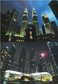  ?? AP ?? Malaysia’s landmark Petronas Twin Towers before (top) and during lights out (above) for Earth Hour in Kuala Lumpur yesterday.