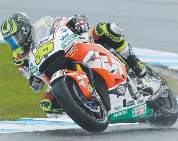  ?? Picture: MARK STEWART ?? LCR Honda rider Cal Crutchlow delivered the fastest time in treacherou­s conditions at Phillip Island in practice for the Australian MotoGP.