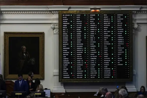  ?? ERIC GAY — THE ASSOCIATED PRESS ?? The voting board is lit with a majority of green lights as the house votes to impeach state Attorney General Ken Paxton in the House Chamber at the Texas Capitol in Austin, Texas, Saturday, May 27, 2023. Texas lawmakers have issued 20articles of impeachmen­t against Paxton, ranging from bribery to abuse of public trust as state Republican­s surged toward a swift and sudden vote that could remove him from office.