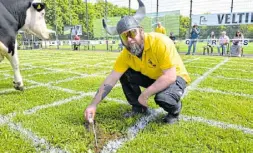  ?? ?? Meßtechnik­er Chris Syron-Jones misst Ausmaße des opulenten Fladens.