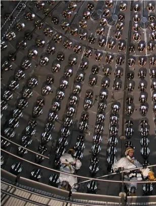  ??  ?? ABOVE Nearly a mile beneath the Gran Sasso mountain and 60 miles outside of Rome, this stainless steel sphere is part of the neutrino detector used to detect geoneutrin­os