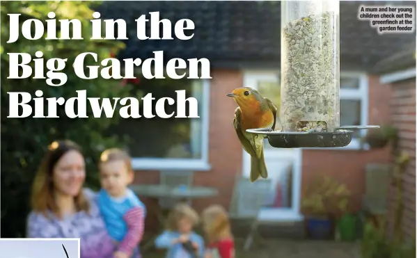  ?? ?? A mum and her young children check out the greenfinch at the garden feeder