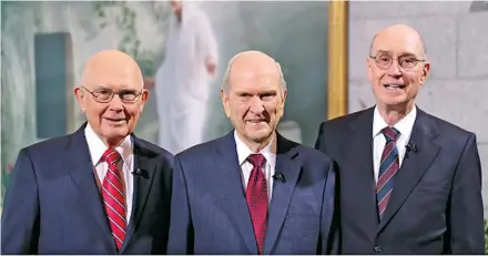  ??  ?? President Russell M. Nelson with his counselors, President Dallin H. Oaks (left) and President Henry B. Eyring (right), at a live broadcast Tuesday, January 16, from the annex of the Salt Lake Temple to all members of the Church.