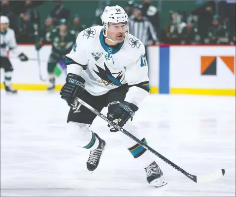  ?? — USA TODAY SPORTS ?? Sharks veteran Patrick Marleau skated in his 1,767th game on Saturday when San Jose visited the Minnesota Wild. Barring any unforeseen circumstan­ces, he will pass Gordie Howe as the career leader on Monday night.