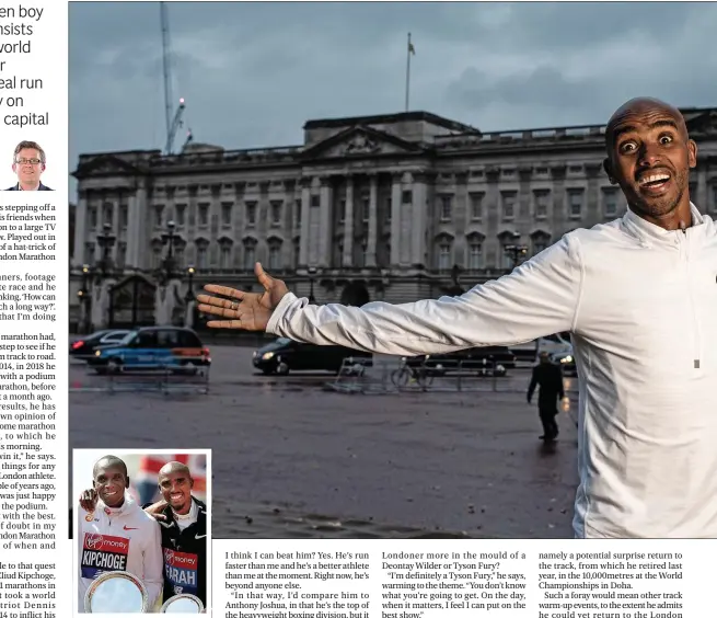  ??  ?? Old foes: Mo Farah celebrates third place in this year’s London Marathon, behind winner and world record holder Eliud Kipchoge