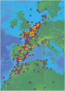  ??  ?? Purple dots show recoveries of ringed birds abroad; orange dots are foreignrin­ged birds in Britain and Ireland