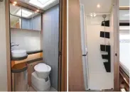  ??  ?? Le cabinet de toilette exploite bien la surface disponible avec de nombreux rangements et une prise 230 V. La douche joue la carte design avec ses étagères rapportées noires, mais la hauteur est un peu juste.