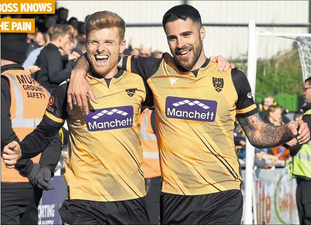  ?? Picture: Steve Terrell ?? Maidstone’s Jack Barham, left, celebrates his hat-trick goal with leading scorer Joan Luque during Saturday’s 4-0 win over Havant