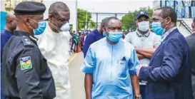  ??  ?? R-L: Lagos State Deputy Governor, Obafemi Hamzat; Commission­er for Informatio­n and Strategy, Gbenga Omotoso; his counterpar­t for Special Duties and Inter-government­al Relations, Tayo Bamgbose-martins, and RRS Commander, ACP Tunji Disu, during the Deputy Governor’s address to the #EndSARS protesters at the State House, Alausa, Ikeja, Friday.