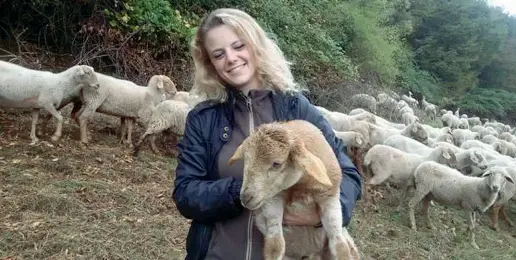  ?? Studentess­a e pastorella ?? Nella foto in alto, Silvia Montanaro mentre abbraccia una delle sue pecore, nella foto in basso Silvia con i suoi cani pastore