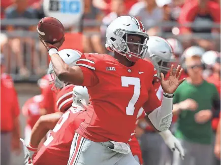  ?? JOE MAIORANA/USA TODAY SPORTS ?? In his first two games as Ohio State’s starting quarterbac­k, Dwayne Haskins has completed 42 of 53 pass attempts for 546 yards and nine touchdowns and thrown just one intercepti­on.