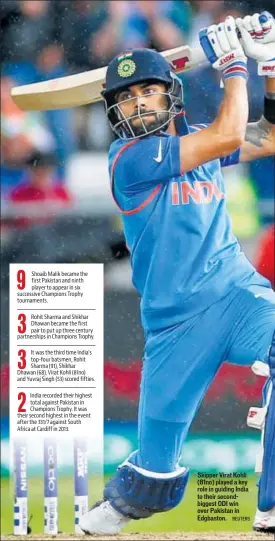  ?? REUTERS ?? Skipper Virat Kohli (81no) played a key role in guiding India to their secondbigg­est ODI win over Pakistan in Edgbaston.