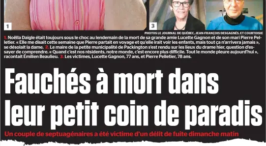  ??  ?? 1. Noëlla Daigle était toujours sous le choc au lendemain de la mort de sa grande amie Lucette Gagnon et de son mari Pierre Pelletier. « Elle me disait cette semaine que Pierre partait en voyage et qu’elle irait voir les enfants, mais tout ça...