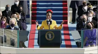  ??  ?? National youth poet laureate Amanda Gorman recites her inaugural poem during the 59th Presidenti­al Inaugurati­on at the U.S. Capitol in Washington.