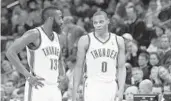  ?? SUE OGROCKI/AP ?? James Harden, left, and Russell Westbrook weren’t yet fully establishe­d stars when they were teammates in 2012.