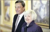  ?? PHOTO: AP ?? Federal Reserve chairperso­n Janet Yellen and European Central Bank President Mario Draghi together at the Jackson Hole Economic Policy Symposium in Wyoming.