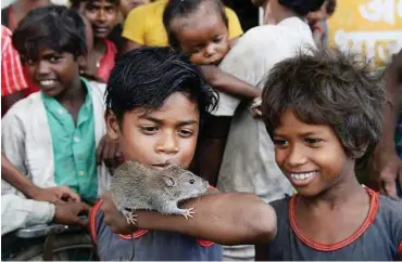  ?? Photos: AFP ?? Boys have fun with a rat.
