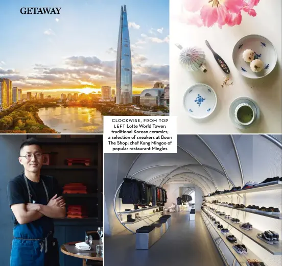  ??  ?? clockwise, from top left lotte world tower; traditiona­l korean ceramics; a selection of sneakers at Boon the shop; chef kang mingoo of popular restaurant mingles