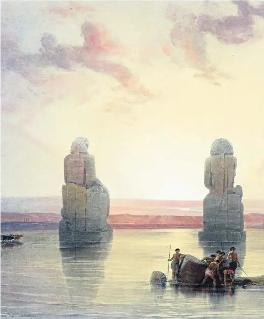  ?? ?? The Colossi of Memnon, statues of Pharaoh Amenhotep III, in Thebes, in 1848 painting by Scots artist David Roberts; and the mummy of Ramses I is returned to Egypt, above, in 2004 after 150 years as an unidentifi­ed exhibit in a US museum