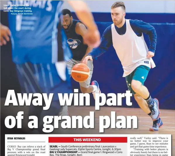  ?? Picture: PETER RISTEVSKI ?? Lewis Varley dribbles the ball down the court during Corio Bay Stingrays training.