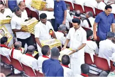  ?? ?? Chief Minister MK Stalin felicitati­ng DMK veterans from Tiruvallur district at a function in Chennai on Friday