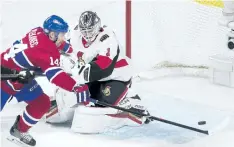  ?? GRAHAM HUGHES/THE CANADIAN PRESS ?? Montreal centre Tomas Plekanec moves in on Ottawa goaltender Mike Condon Sunday as the Canadiens beat the Senators 4-1 in Montreal. With a goal and an assist in the game, Plekanec is now 13th on Montreal’s list of alltime scoring leaders.