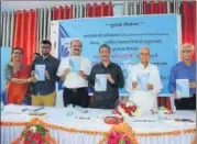  ?? HT ?? ▪ Deputy chief minister Dinesh Sharma releasing the book by former bureaucrat Arvind Narain Mishra and senior journalist Atul Chandra at Bharatiya Shiksha Shodh Sansthan here on Friday.