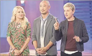  ??  ?? This image released by HGTV shows judges Christiane Lemieux, from left, and Cliff Fong with Ellen DeGeneres during the taping of “Ellen’s Design Challenge,” returning for a second season on at 9 p.m. EST on HGTV. (Gilles Mingasson/HGTV via AP)