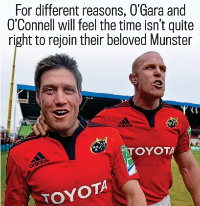  ?? SPORTSFILE ?? Glory days: Ronan O’Gara (left) and Paul O’Connell celebrate a Munster victory in 2013