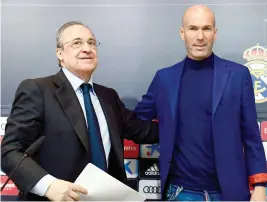  ?? — AFP ?? Zinedine Zidane ( right) with Real Madrid president Florentino Perez at a press conference to announce his resignatio­n in Madrid on Thursday.
