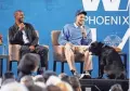  ?? ROB SCHUMACHER/THE REPUBLIC ?? Suns guards Chris Paul and Devin Booker hold court during the WM Phoenix Open Tee-Off luncheon on Thursday.