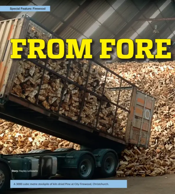  ??  ?? A 3000 cubic metre stockpile of kiln dried Pine at City Firewood, Christchur­ch.