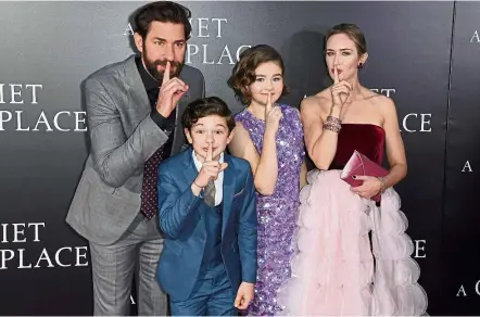  ??  ?? (From left) Krasinski, Noah Jupe, Millicent Simmonds and Blunt at the premiere of A Quiet Place in New York. — AFP