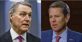  ?? AJC FILE PHOTOS ?? Both former U.S. Sen. David Perdue (left) and Gov. Brian Kemp have tried to cast themselves as the one who can beat Democrat Stacey Abrams in November. But for now, their aides are plotting new attacks against each other.