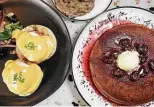  ?? ?? Eggs Benedict, left, and the Thicc Boy Pancake with cherry compote and shaved chocolate are among the brunch-style options.